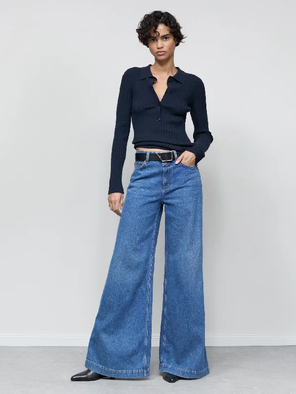 Jeans Gamba Ampia con Vita Alta Blu