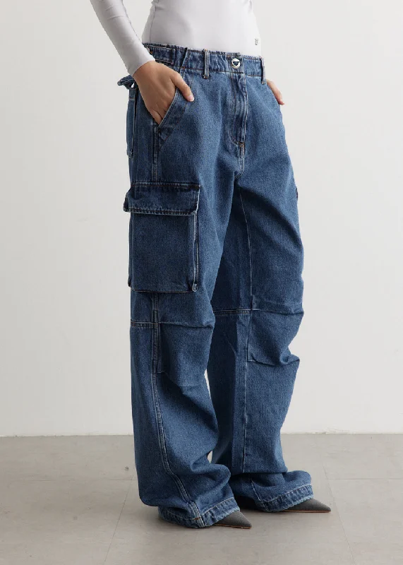 Denim Wide Leg Cargo Pants