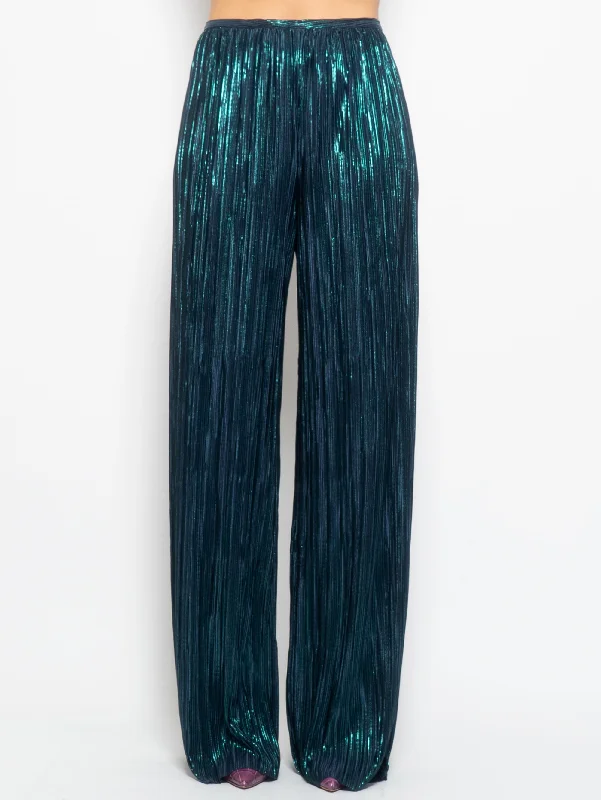 Pantaloni Ampi in Tessuto Plissé Blu/Verde