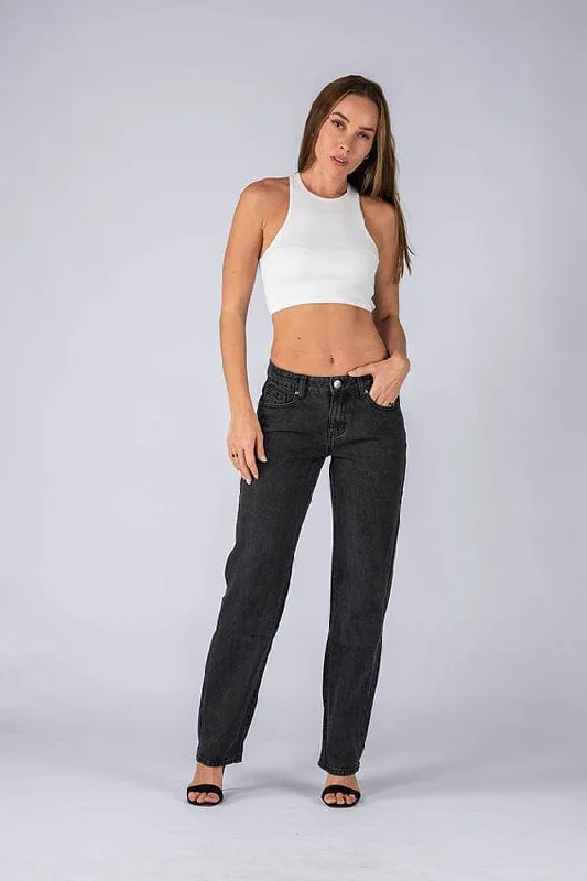 Wakee Denim (By Lily) Mid Waist Wide Leg Jean Pant - Black Wash