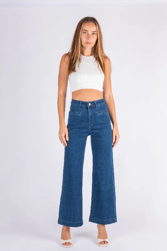 Wakee Denim Wide Leg Ladies Jean - Denim Blue 7106