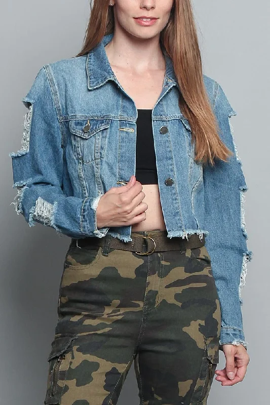 Cropped Distressed Denim Jacket