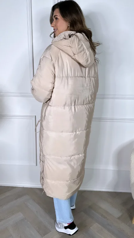 Jessamine Beige Hooded Long Puffer Coat