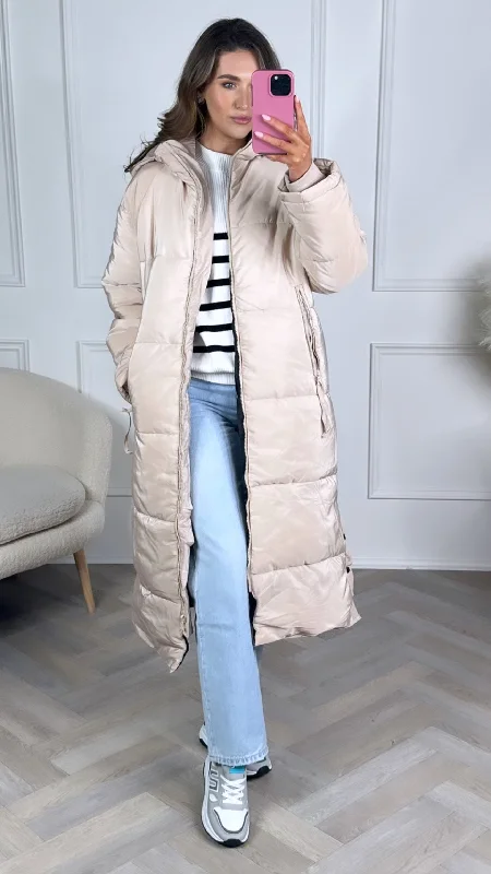 Jessamine Beige Hooded Long Puffer Coat