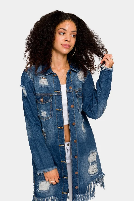 Long Distressed Denim Jean Jacket