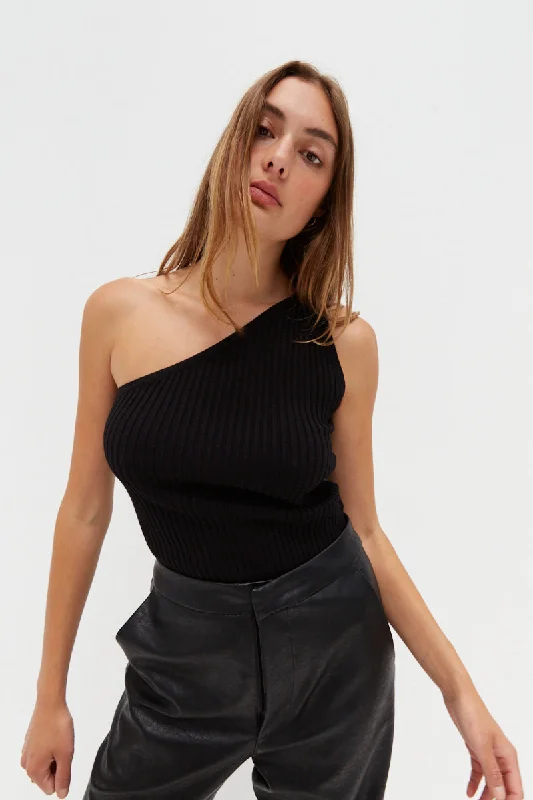 One Shoulder Knit Top - Black