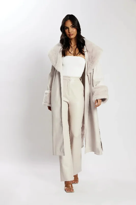 Rebekah Oversized Pu Trench Coat With Fur Trim - Bone