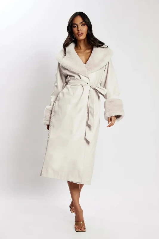 Rebekah Oversized Pu Trench Coat With Fur Trim - Bone