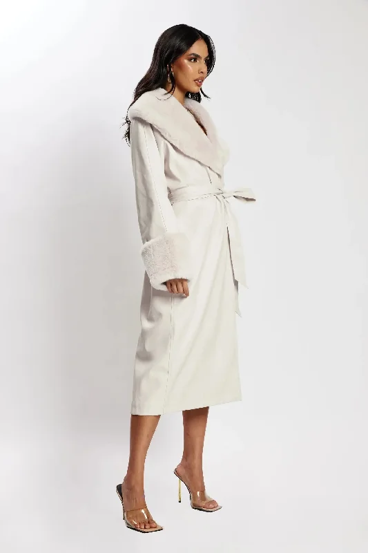 Rebekah Oversized Pu Trench Coat With Fur Trim - Bone