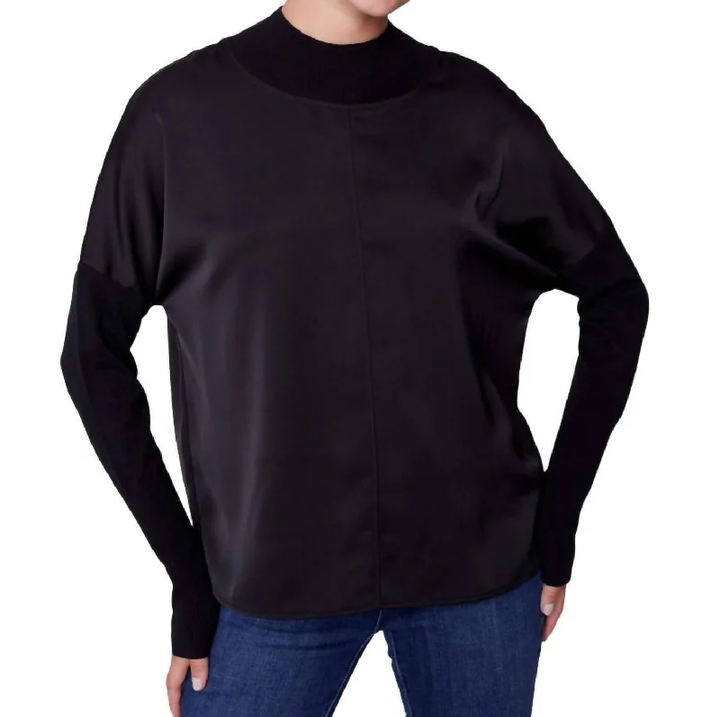 Satin Knit Top With Mock Neck In Black