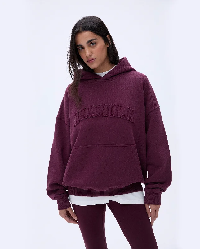 Distressed Varsity Oversized Hoodie- Dark Cherry