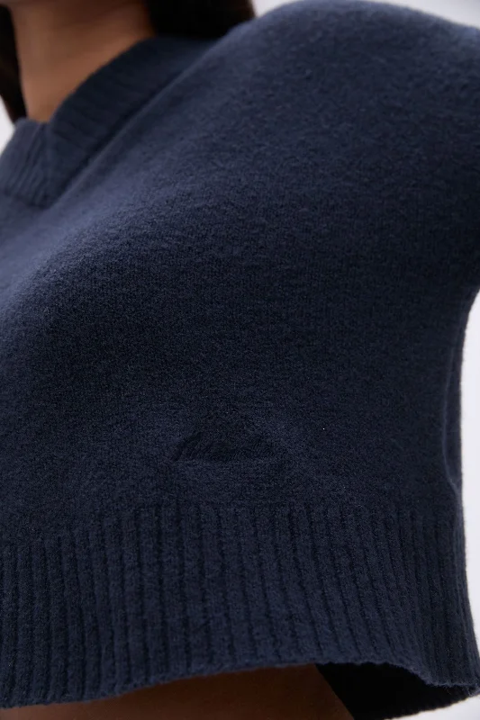 V Neck Knit Sweatshirt - Deep Midnight Blue