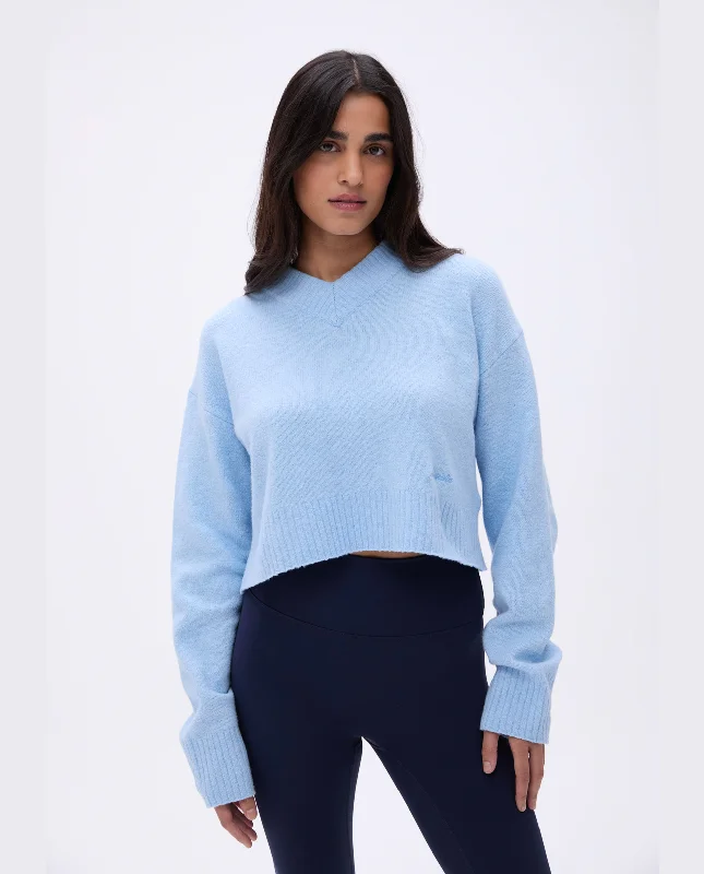 V Neck Knit Sweatshirt - Powder Blue