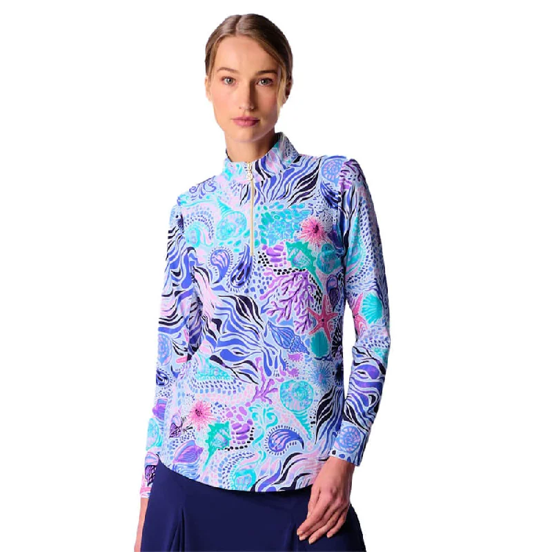 G Lifestyle Long Sleeve Print Zip Mock Neck Top - Blue Sea Wave