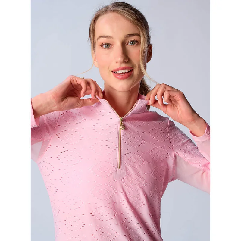 G Lifestyle Long Sleeve Print Zip Mock Neck Top - Pink Eyelet