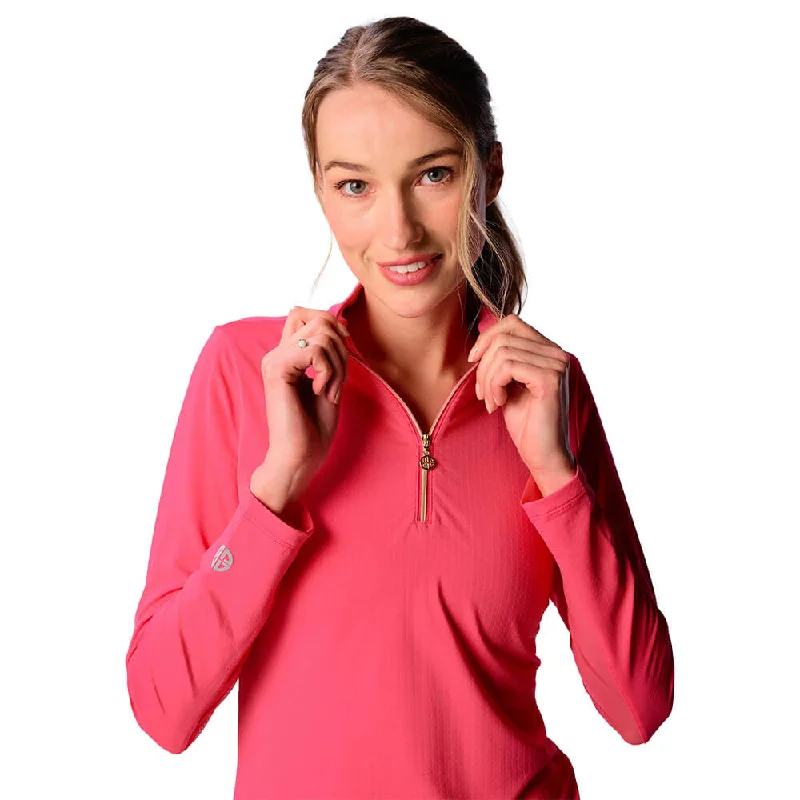 G Lifestyle Solid Zip Mock Neck Long Sleeve Top - Coral