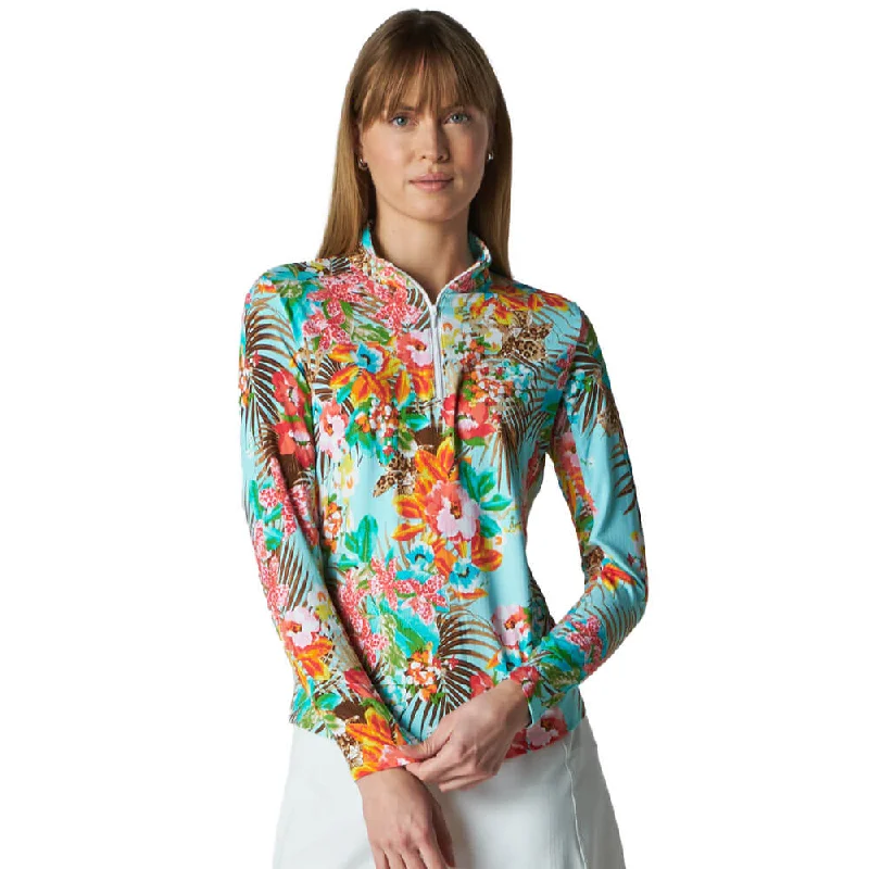 G Lifestyle Wild Orchid Long Sleeve Zip Mock Neck Top - Aqua