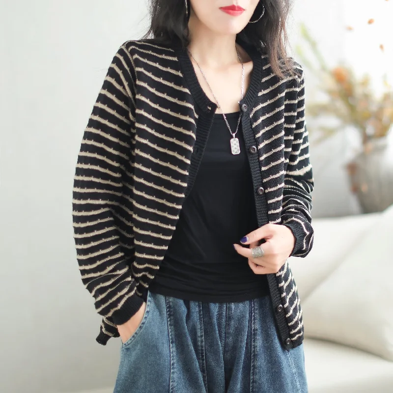 Autumn Stylish Stripe Cotton Knitted Cardigan