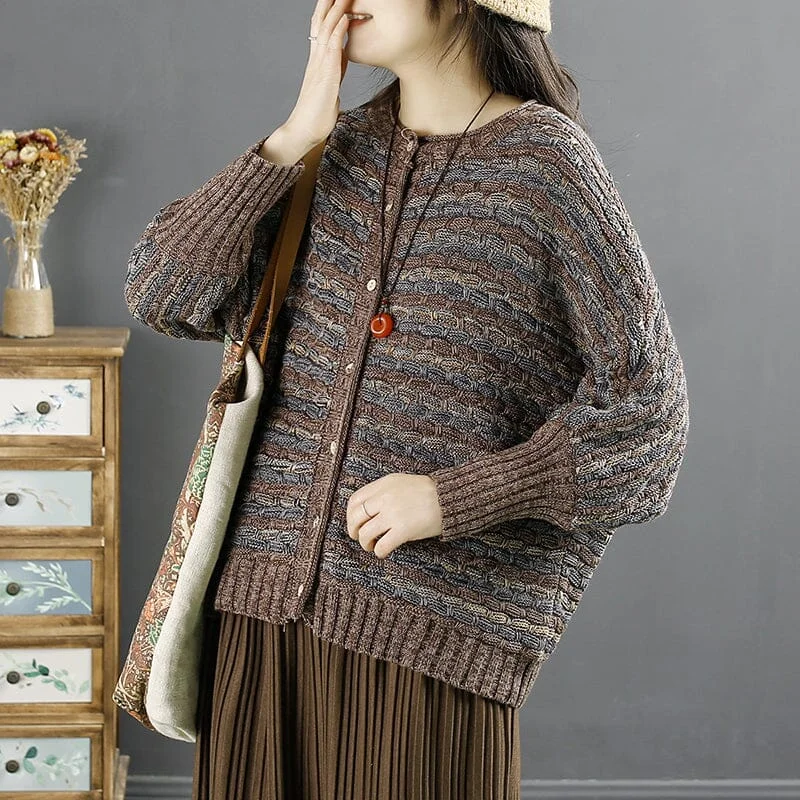 Spring Retro Cotton Knirred Stripe Casual Cardigan