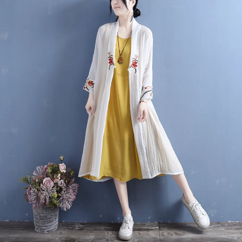 Summer Cotton Linen Floral Open Front Long Cardigan