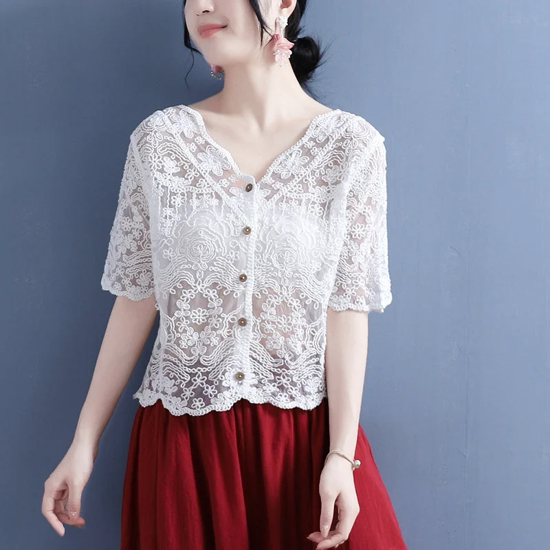 Summer Cotton Linen Translucent Lace Cardigan