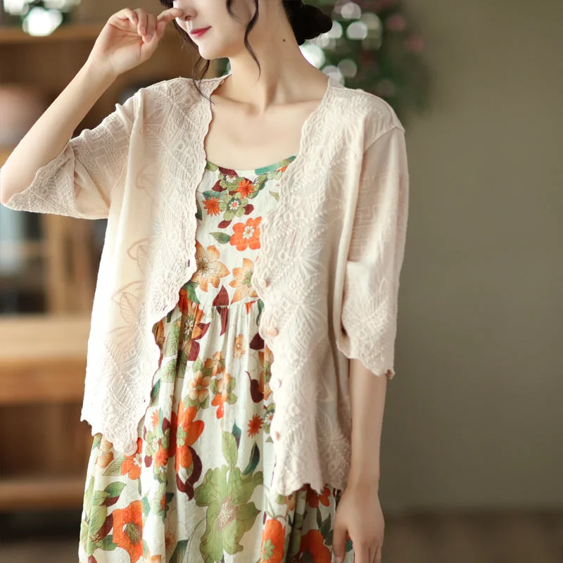 Summer Embroidery Lace V-neck Sun Production Cotton Cardigan