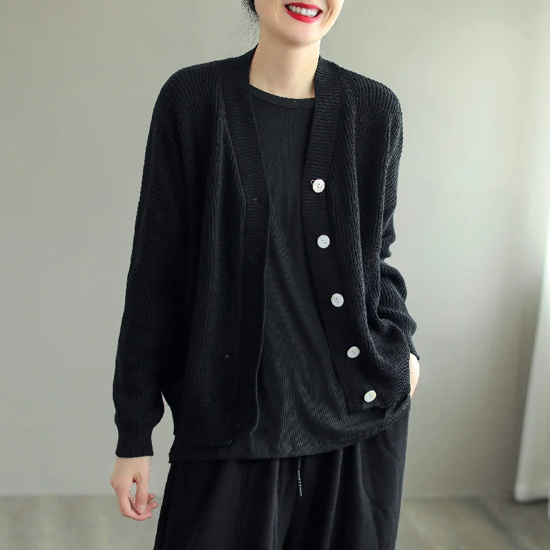 Women Casual Cotton Knitted Solid V-Neck Cardigan