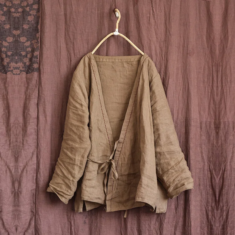 Women Summer Vintage Solid Linen Thin Cardigan