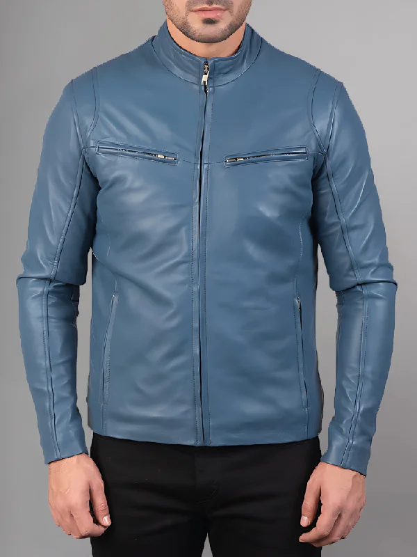 Men Lambskin Classic Zipper Jacket Slim Fit Biker Blue Jacket