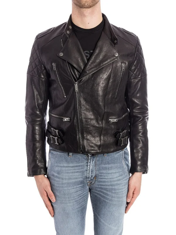 Men’s Black Classic Diamond Biker Leather Jacket With Skull