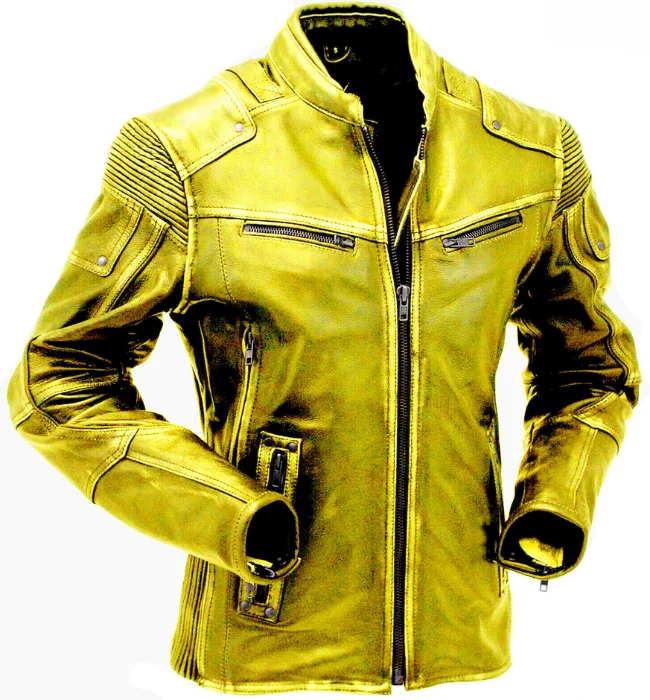 Men Yellow Vintage Motorcycle Cafe Racer Leather Jacket