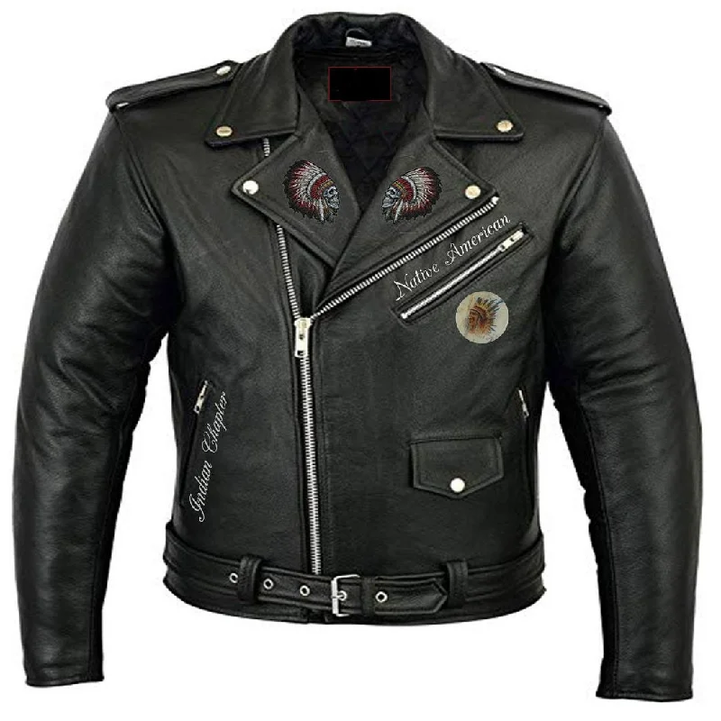 Men's Black Vintage Style Biker Leather Jacket Skull Bones