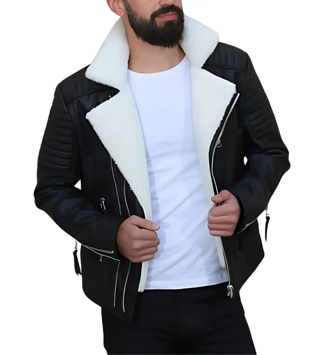 Mens Shearling Black Jacket With White Fur