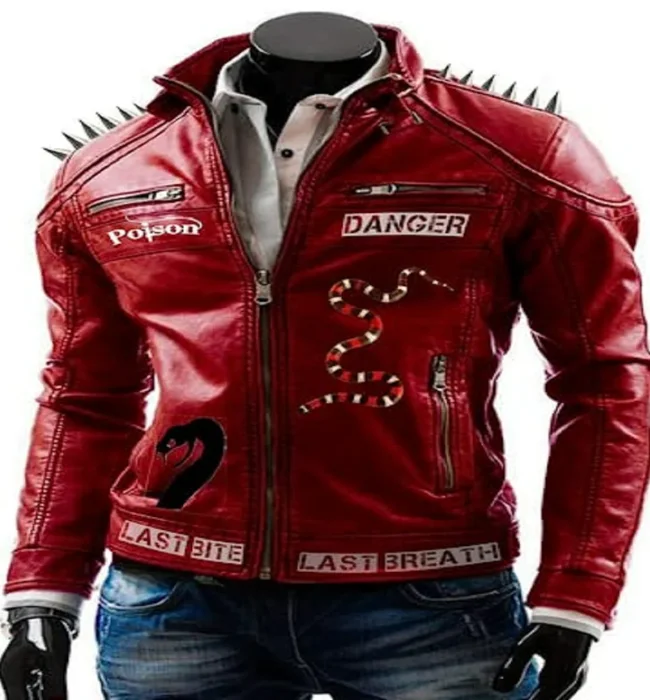 Red Punk Danger Leather jacket for Men with Snake