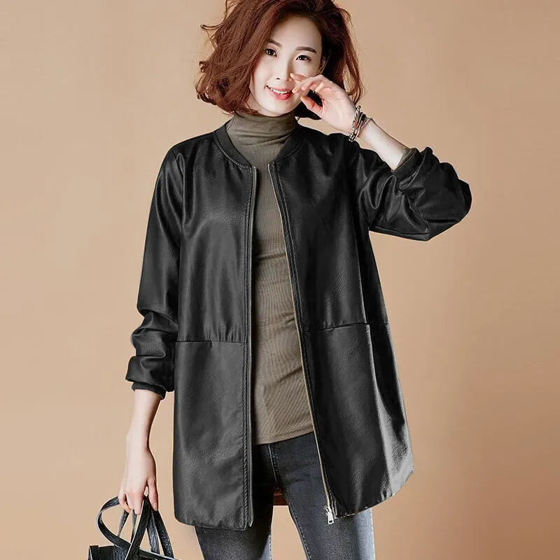 Spring and Autumn Women's Mid-Length PU Leather Jacket Baseball Uniform, Loose and Slimming, Commute Style Faux Leather Trench Coat