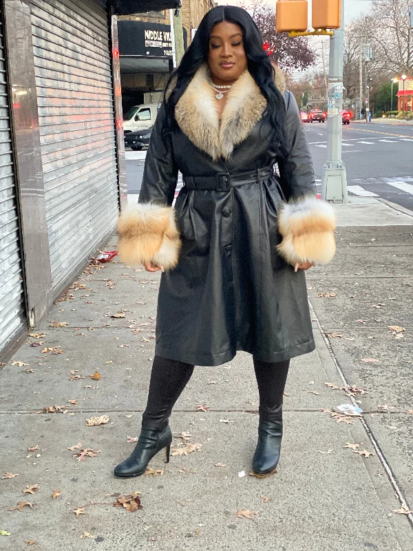 Women's Black Leather Trench With Full Fox Fur [Gold Fox]