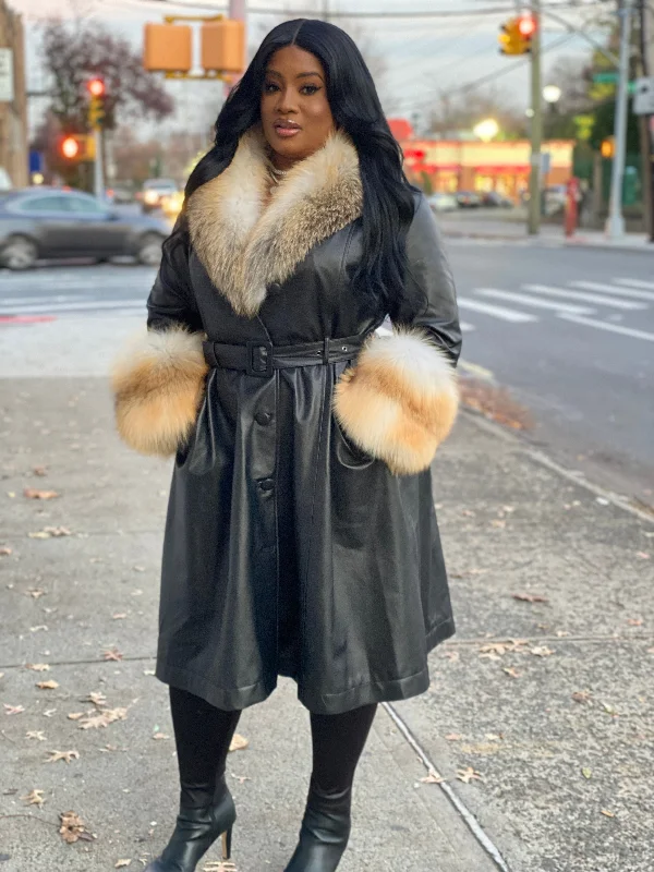 Women's Black Leather Trench With Full Fox Fur [Gold Fox]