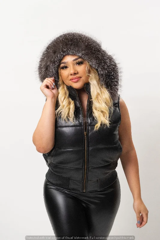 Women's Leather Bubble Vest [Black]