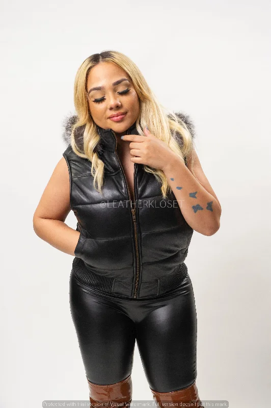 Women's Leather Bubble Vest [Black]