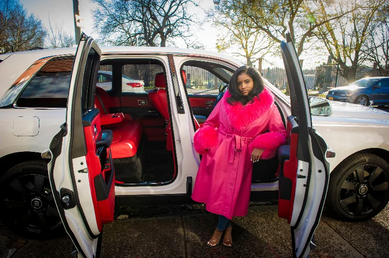 Women's Leather Trench With Full Fox Fur [Hot Pink]