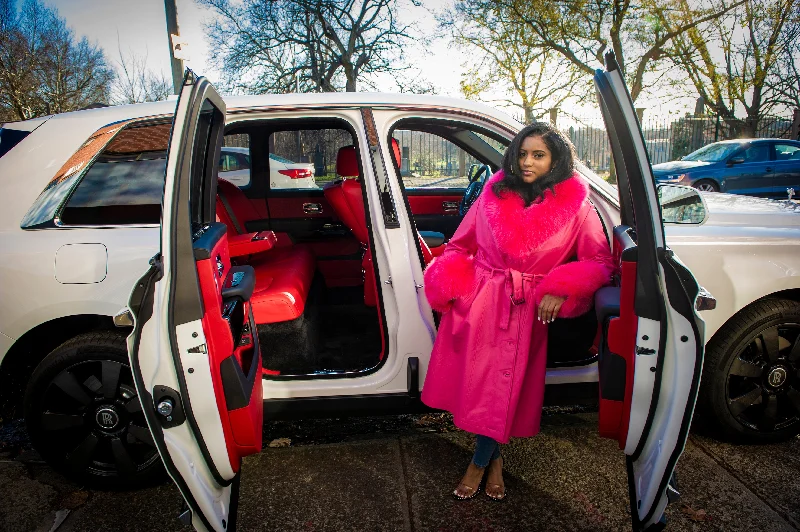 Women's Leather Trench With Full Fox Fur [Hot Pink]