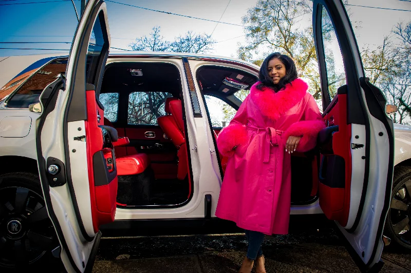 Women's Leather Trench With Full Fox Fur [Hot Pink]