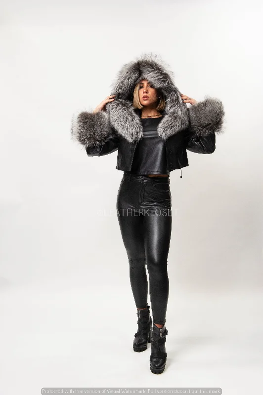 Women's Shirley Crop Leather Bomber With Fox