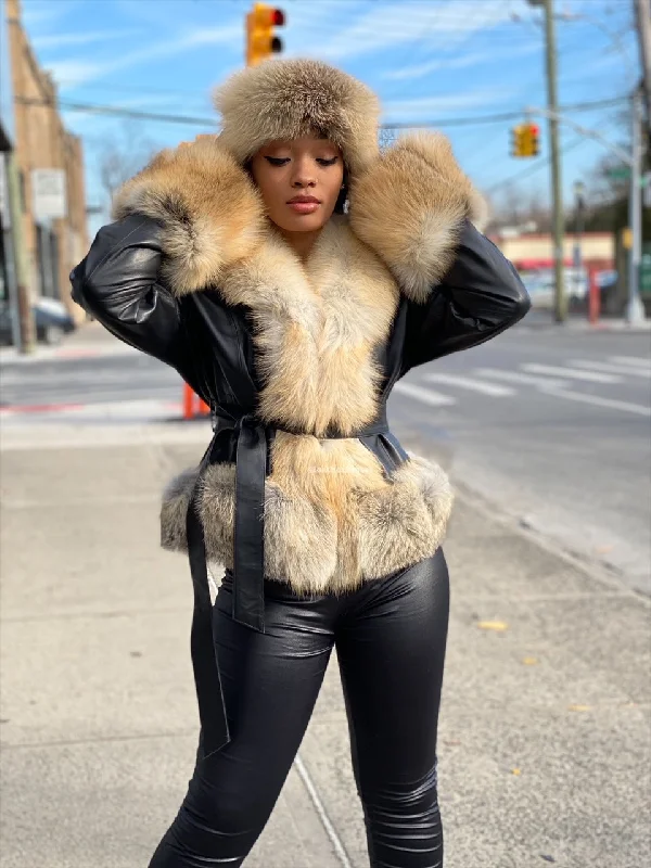 Women's Tina Leather Jacket With Full Fox Trimming [With Headband]