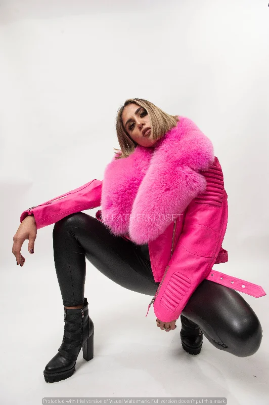 Women's Trey Biker Pink Oversized Fox Collar [Pink]