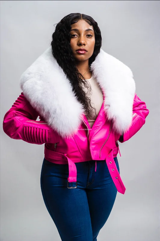 Women's Trey Biker Pink Oversized Fox Collar