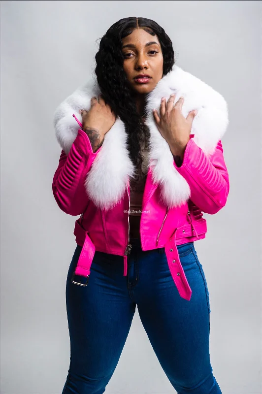 Women's Trey Biker Pink Oversized Fox Collar