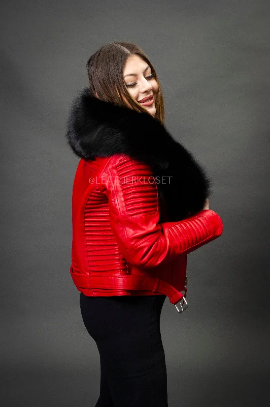 Women's Trey Biker Red Oversized Fox Collar [Black Fox Fur]