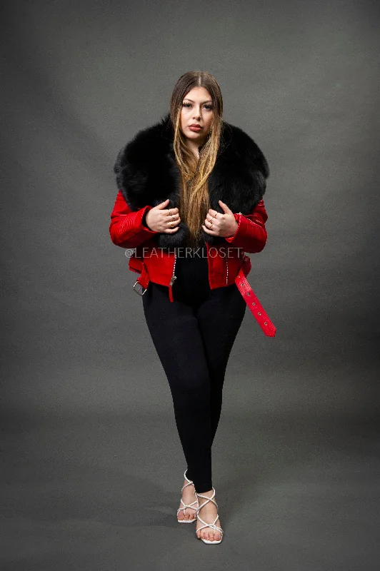 Women's Trey Biker Red Oversized Fox Collar [Black Fox Fur]