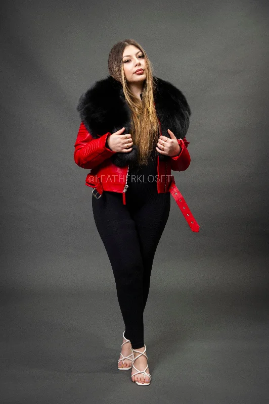 Women's Trey Biker Red Oversized Fox Collar [Black Fox Fur]